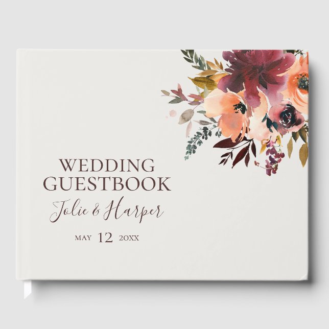 Burgundy Orange Floral | Beige Wedding Guest Book (Front)