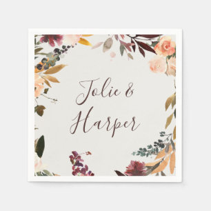 Burgundy Orange Floral   Beige Wedding Napkins