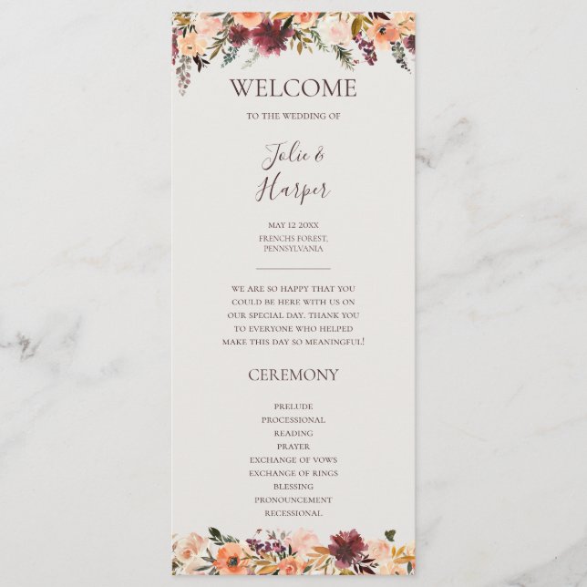Burgundy Orange Floral | Beige Wedding Program Programme (Front)