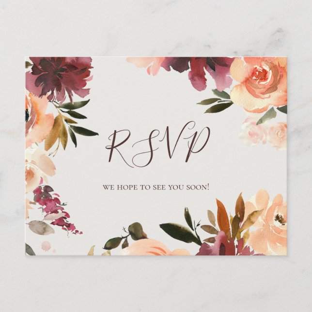 Burgundy Orange Floral Beige Wedding RSVP Postcard (Front)