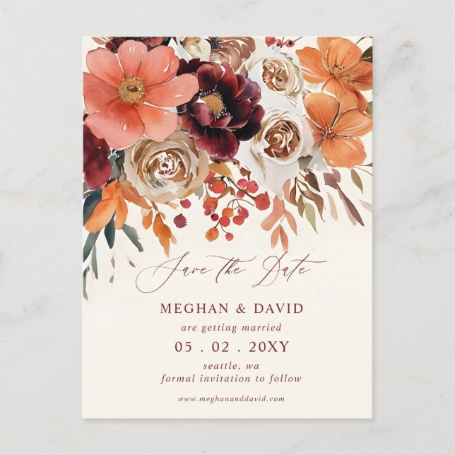 Burgundy Orange Floral Fall Save the Date Announcement Postcard (Front)