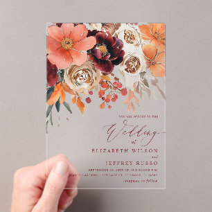 Burgundy Orange Floral Fall Wedding Acrylic Invitations