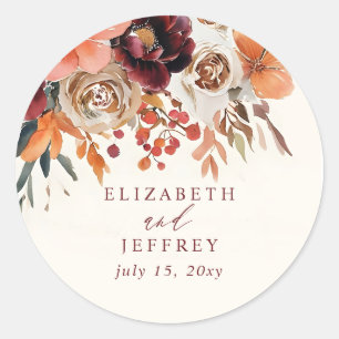 Burgundy Orange Floral Fall Wedding Classic Round Sticker