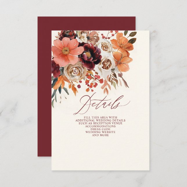 Burgundy Orange Floral Fall Wedding Enclosure Card (Front/Back)