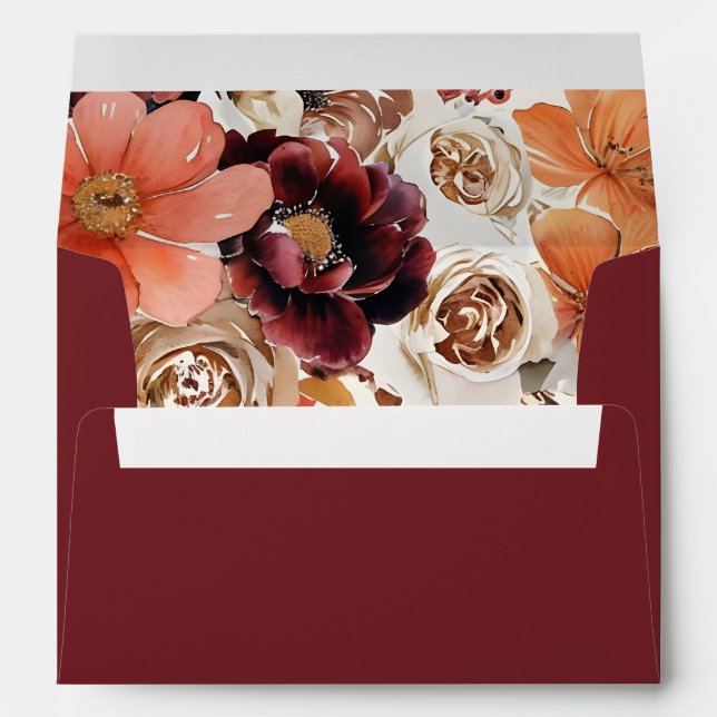 Burgundy Orange Floral Fall Wedding Envelope (Back (Bottom))