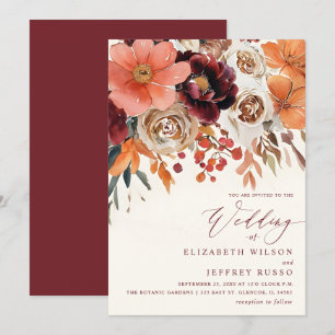 Burgundy Orange Floral Fall Wedding Invitation