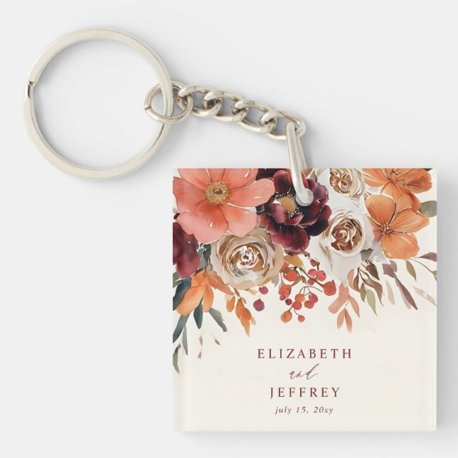 Burgundy Orange Floral Fall Wedding Key Ring (Front)