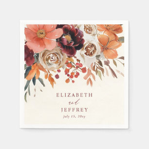 Burgundy Orange Floral Fall Wedding Napkin