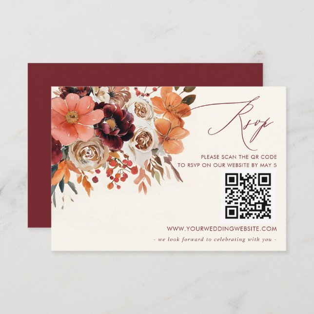 Burgundy Orange Floral Fall Wedding QR CODE RSVP Card (Front/Back)