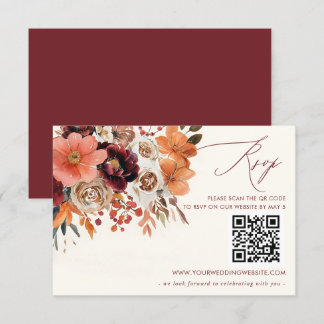 Burgundy Orange Floral Fall Wedding QR CODE RSVP Card