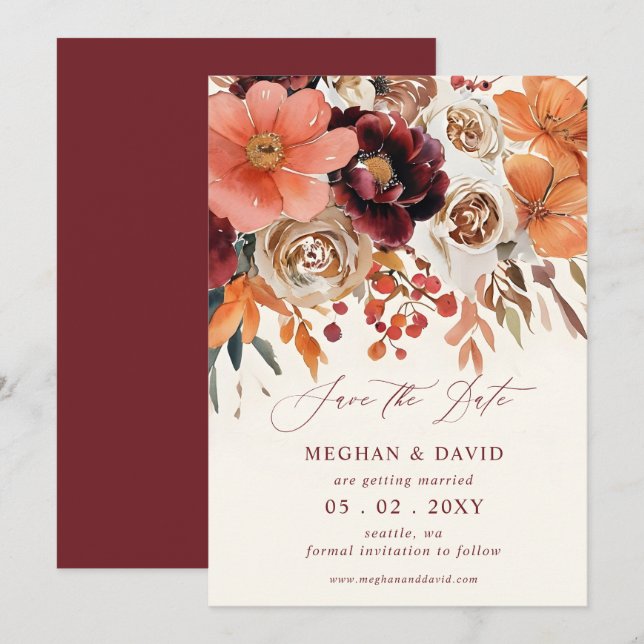 Burgundy Orange Floral Fall Wedding Save The Date (Front/Back)