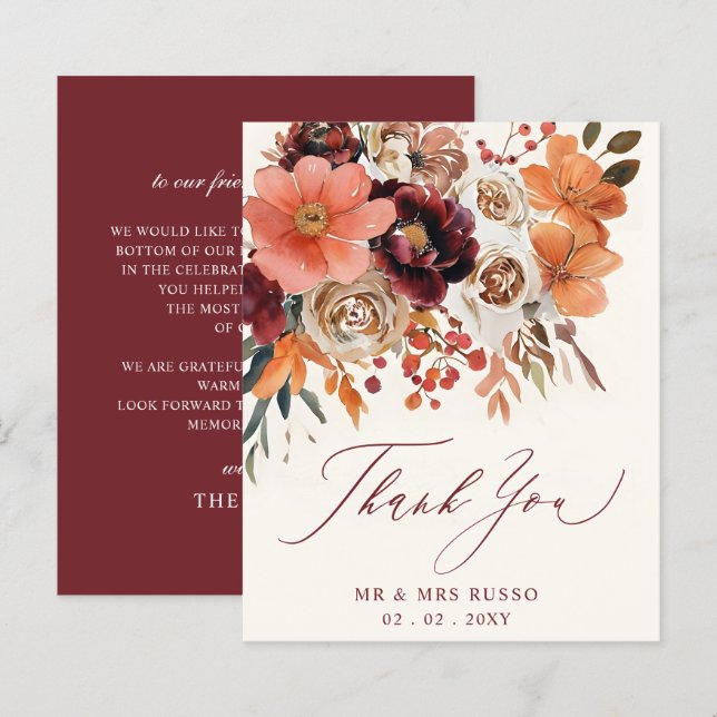 Burgundy Orange Floral Fall Wedding Thank You Card (Front/Back)