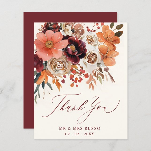 Burgundy Orange Floral Fall Wedding Thank You Card (Front/Back)