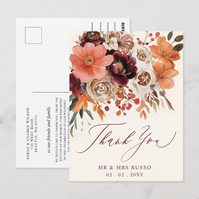 Burgundy Orange Floral Fall Wedding Thank You Postcard (Front/Back)
