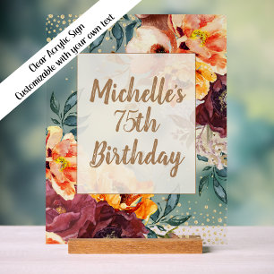 Burgundy Orange Floral Gold Birthday Acrylic Sign