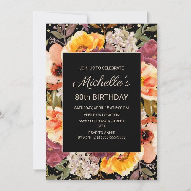 Burgundy Orange Floral Gold Black 0th Birthday Invitation (Front)