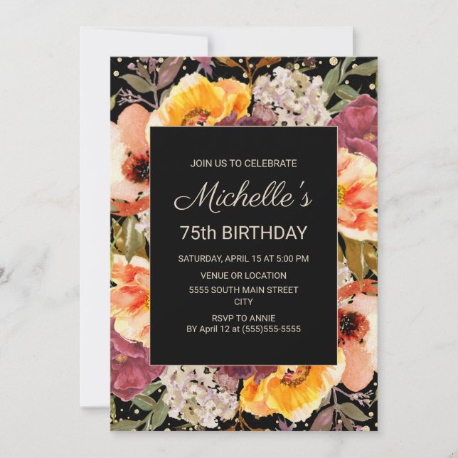 Burgundy Orange Floral Gold Black 75th Birthday Invitation (Front)