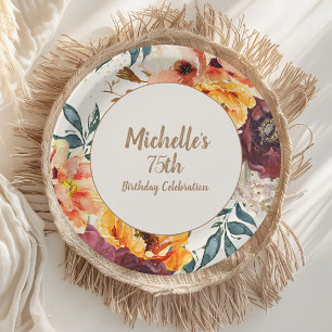 Burgundy Orange Floral Gold Glitter 75th Birthday Paper Plate