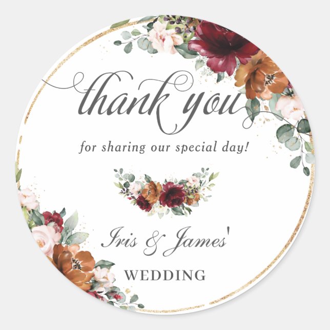 Burgundy Orange Floral Gold Wedding Thank You Classic Round Sticker (Front)