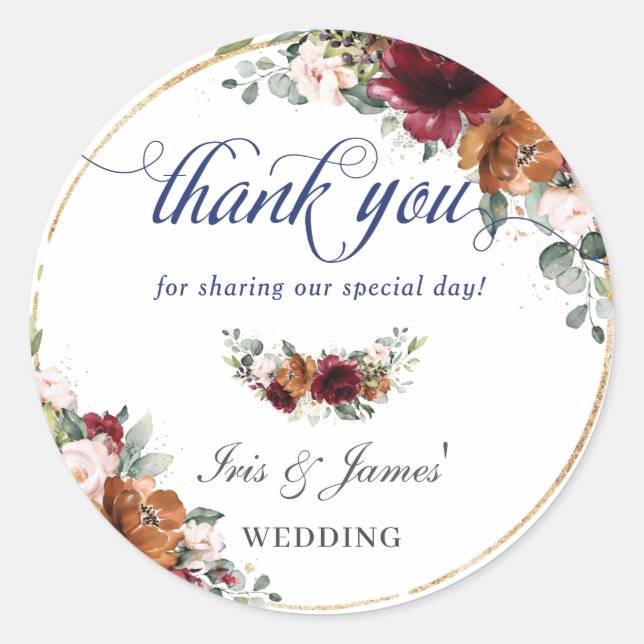 Burgundy Orange Floral Gold Wedding Thank You Navy Classic Round Sticker (Front)