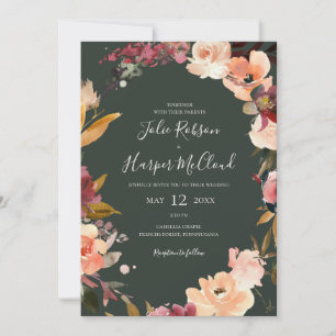 Burgundy Orange Floral Green All In One Wedding Invitation