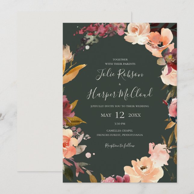 Burgundy Orange Floral | Green Casual Wedding Invitation (Front/Back)