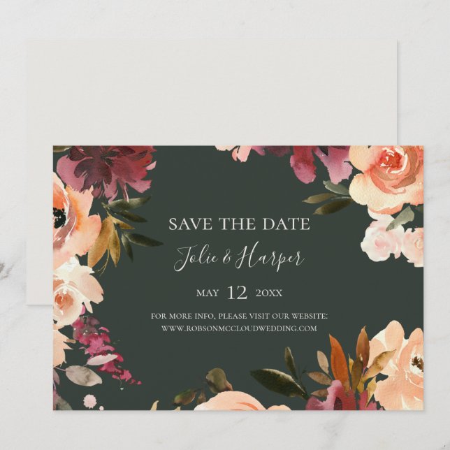 Burgundy Orange Floral Green Horizontal Save The Date (Front/Back)