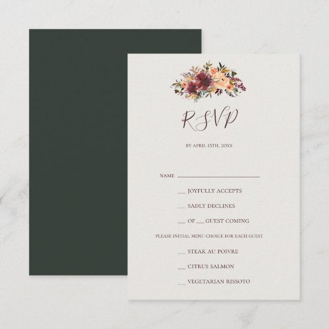 Burgundy Orange Floral Green Menu Choice RSVP Card (Front/Back)