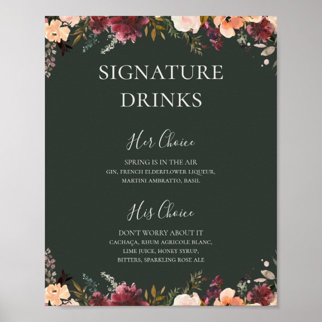 Burgundy Orange Floral | Green Signature Drinks Poster (Front)