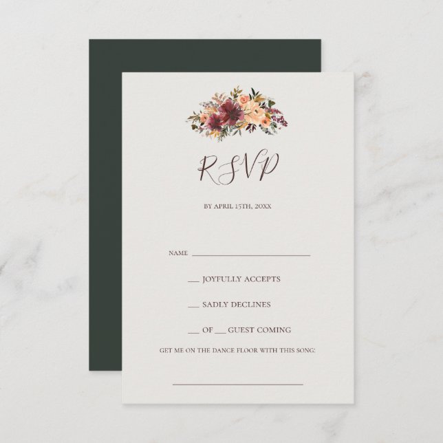 Burgundy Orange Floral Green Song Request RSVP Card (Front/Back)