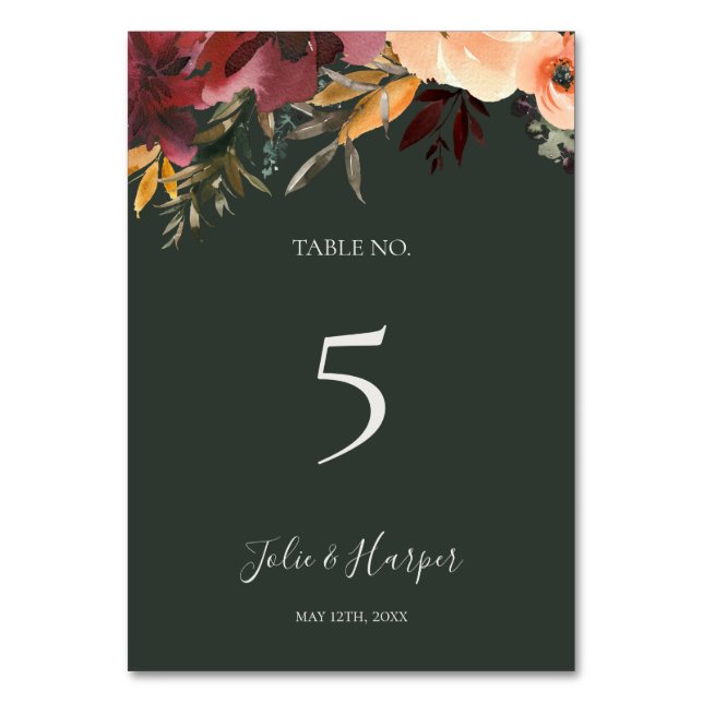Burgundy Orange Floral | Green Table Number (Front)