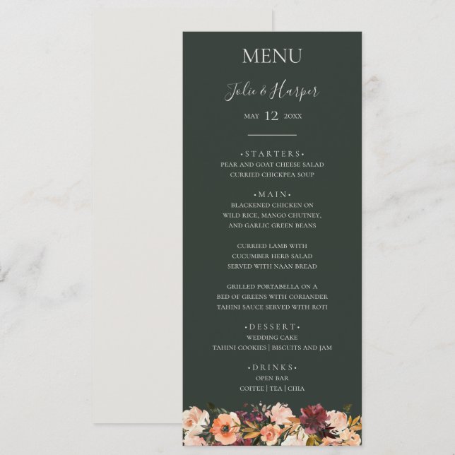 Burgundy Orange Floral | Green Wedding Dinner Menu (Front/Back)