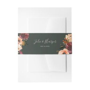 Burgundy Orange Floral   Green Wedding Invitation Belly Band
