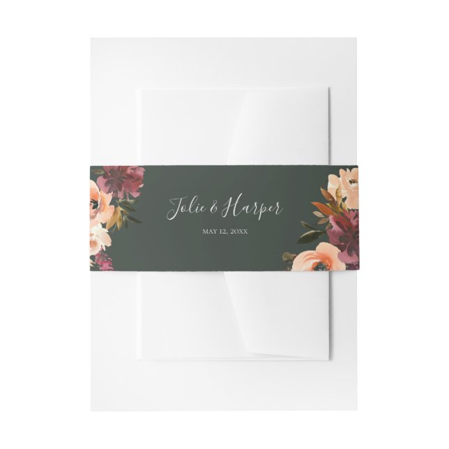 Burgundy Orange Floral | Green Wedding Invitation Belly Band (Front Example)