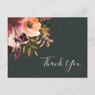 Burgundy Orange Floral   Green Wedding Thank You Postcard