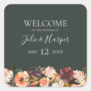 Burgundy Orange Floral Green Wedding Welcome Square Sticker