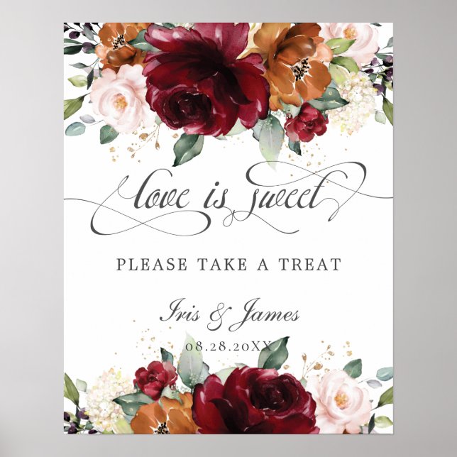 Burgundy Orange Floral Love is Sweet Take a Treat Poster (Front)