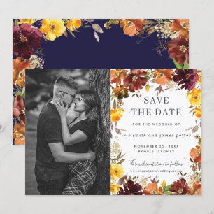 Burgundy Orange Floral Photo Save the Date Card
