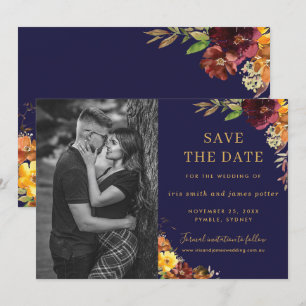 Burgundy Orange Floral Photo Save the Date Card