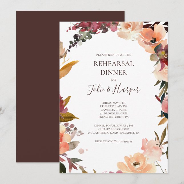 Burgundy Orange Floral Rehearsal Dinner Invitation (Front/Back)