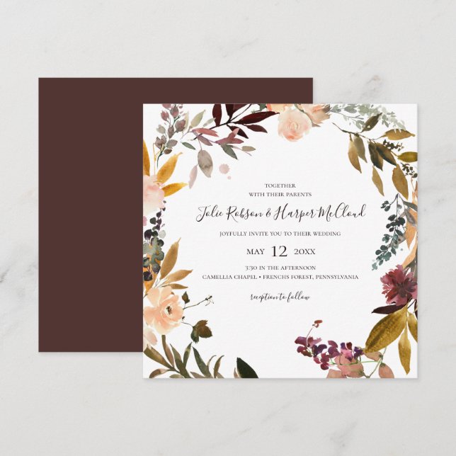 Burgundy Orange Floral | Square Wedding Invitation (Front/Back)