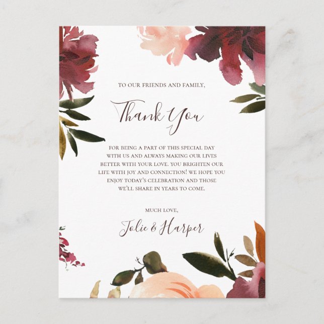 Burgundy Orange Floral | Thank You Reception Card (Front)