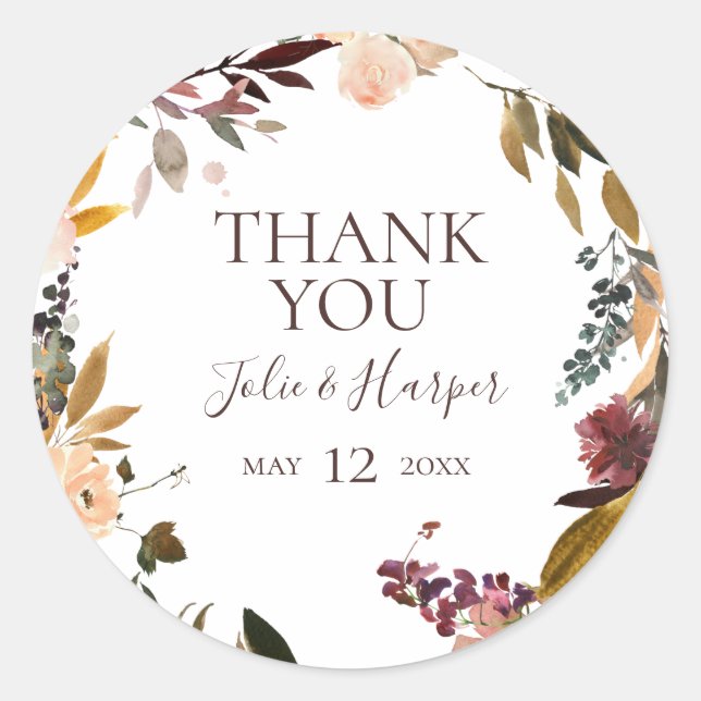 Burgundy Orange Floral Thank You Wedding Favour Classic Round Sticker (Front)