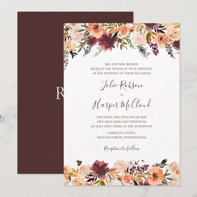 Burgundy Orange Floral Traditional Wedding Invitation (Front/Back)
