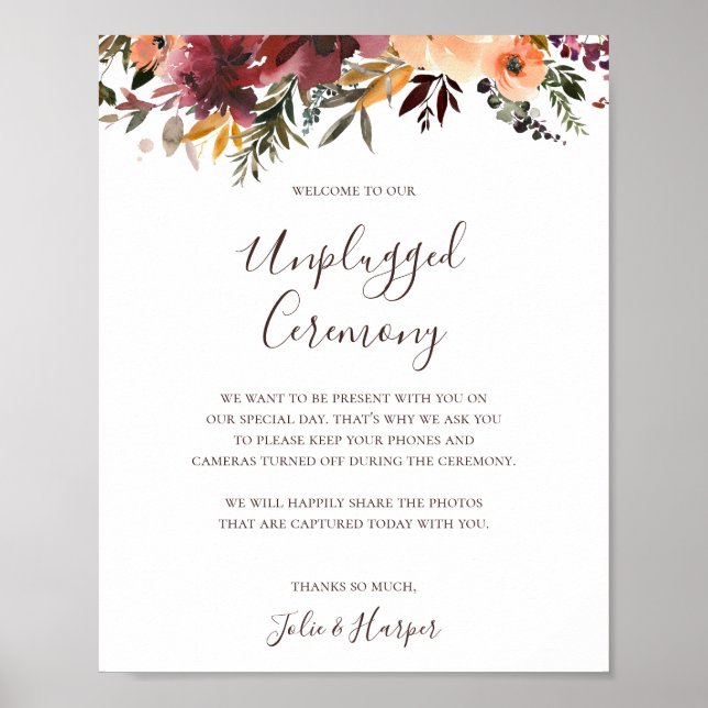 Burgundy Orange Floral Unplugged Ceremony Sign (Front)