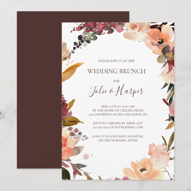 Burgundy Orange Floral Wedding Brunch Invitation (Front/Back)
