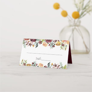 Burgundy Orange Floral Wedding Place Card