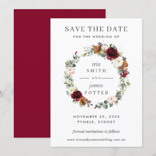 Burgundy Orange Floral Wedding Save the Date Card