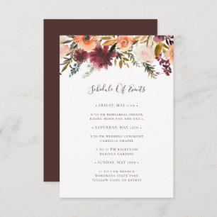 Burgundy Orange Floral Wedding Schedule of Events Enclosure Card