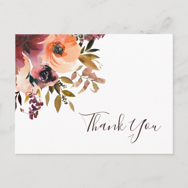 Burgundy Orange Floral Wedding Thank You Postcard (Front)